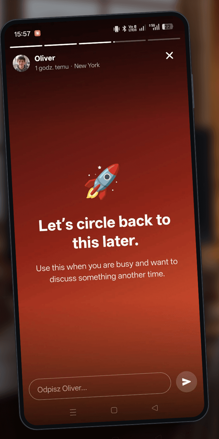 A story from agent Oliver: a phrase card saying Let's circle back to this later