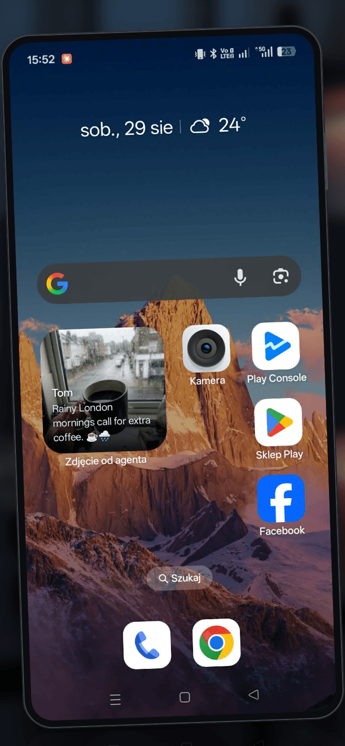 Hinty Talk widget on an Android home screen showing a photo sent by agent Tom