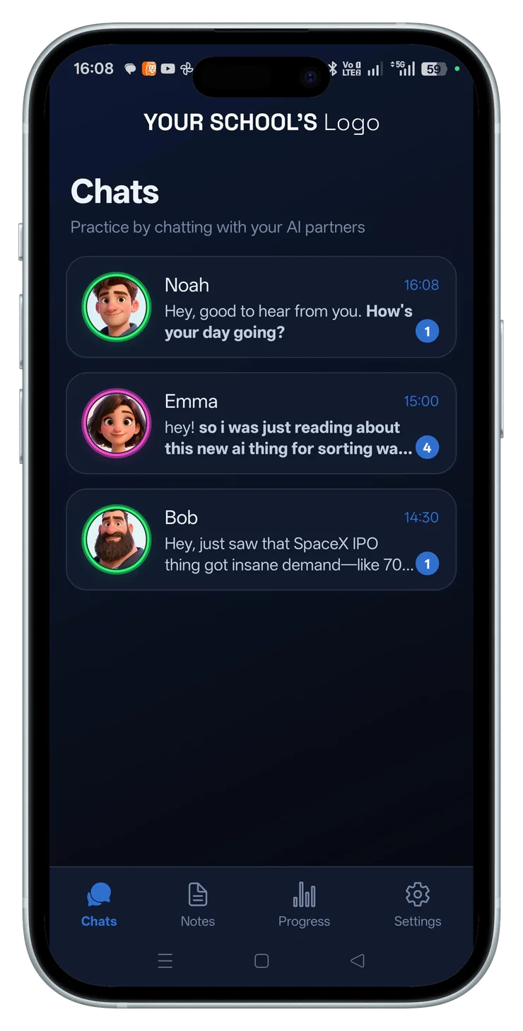 Hinty Talk mobile app with the school logo